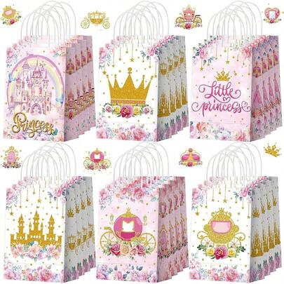 12/18/24pcs Princess Party Gift Bag Paper Princess Gift Bag With Handle, Pink Floral Castle, Crown Princess Carriage Gift Bag, Princess Birthday Theme Party Decoration Supplies, Bridal Wedding Theme Decoration Storage Items, Anniversary Gift Bag