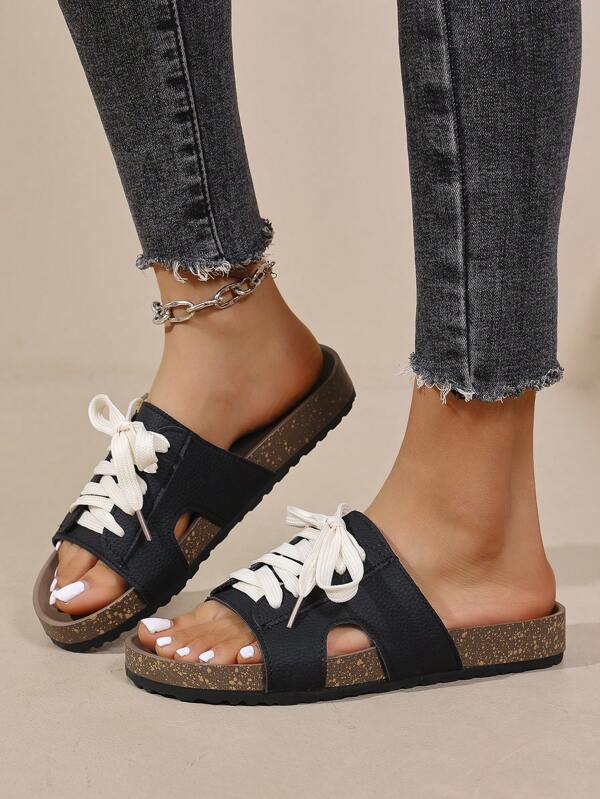 Women's Strap Tied Flat Sandals, Open Toe Fashion Casual Slip-On House Slippers, Beach Bohemian Vegan Leather Tied Sandals For Spring/Summer