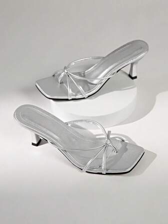 Women's Silver French Square Toe Multi-Strap Knotted Thong Design High Heel Sandals, Fashionable Minimalist Elegant Style, Suitable For Dress, Parties, 2025 Summer New Arrival