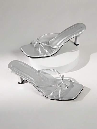 Women's Silver French Square Toe Multi-Strap Knotted Thong Design High Heel Sandals, Fashionable Minimalist Elegant Style, Suitable For Dress, Parties, 2025 Summer New Arrival