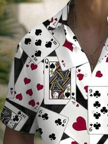 Plus Size Men's Hawaiian Poker Print Button-Up Short Sleeve Shirt - Multicolor - View 4