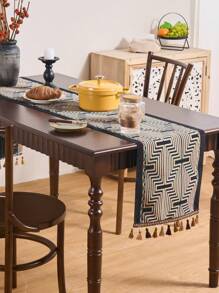 1pc Gold Wavy Striped Jacquard Table Runner, Modern Nordic Style With Tassels, Rectangular Decor For Dining, Coffee, TV Stand, Foyer, Home Decor, Suitable For Holidays, Parties, Birthday, Daily Use