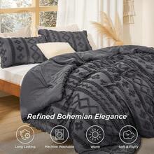 Luxurious Tufted Boho Comforter Set Queen Size - Premium Beige Bedding Ensemble With 3-Piece Shabby Chic Embroidery, Ideal Gifts For Women, Soft Jacquard Queen Comforter For All Seasons - 19 - 深灰色 - 優雅 - 查看 2