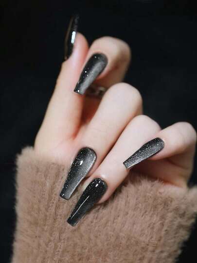 24片Y2K长棺材形亮面小麦色水晶猫眼美甲贴纸，完美贴合长指甲，亚克力假指甲套装包含：1片果冻胶和1把指甲锉，黑色猫眼美甲，适合女性和女孩日常佩戴，也适用于锐舞派对和其他美甲场合。美甲用品