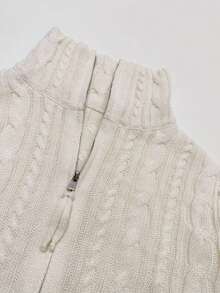 Women's Casual Zip-Up Cardigan, Cream White With Solid Color Cable Knit Pattern, Simple And Versatile - Beige - View 3
