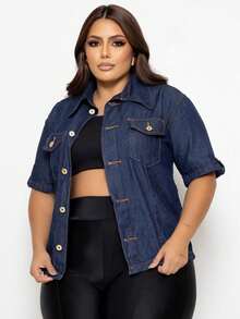 Plus Size Short Sleeve Denim Shirt With Pockets And Buttons - Màu xanh lam - Xem 1