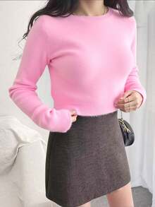 Women's Furry Cropped Sweater Top Long Sleeve Thick Sweatshirt Winter Cold Shoulder Plain Top - 粉色 - 查看 1