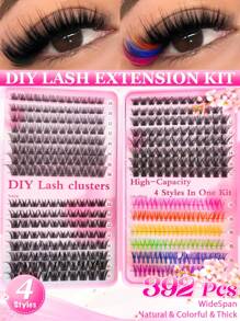 Juego de extensiones de pestañas DIY con 1216 piezas/440 piezas/392 piezas/384 piezas/120 piezas/72 piezas de mechones de pestañas individuales en forma de D de colores variados, de 9-18 mm de ancho, de aspecto natural, denso, resistente al agua y súper ligero. Para uso en casa o en movimiento para la vida diaria, fiestas, viajes, festivales de música y el Día de la Madre.