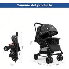 Cochecito, 2 en 1 Cochecito Plegable Mecedora, Cochecito de Bebé Multifuncional Sit-Lie con Estampados - Negro - Ver 3