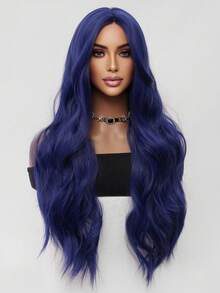 时尚午夜蓝长款蓬松波浪假发，34英寸，中分刘海，柔软蓬松，耐热纤维，适合女性日常佩戴、节日聚会、婚礼派对、万圣节、圣诞节、角色扮演、Y2K冬季休闲街头风等场合。 - 藍色 - 查看 7