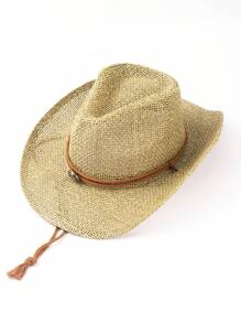 1pc Solid Color Boho Laser Cutout Rhinestone Decor UV Protection Western Cowboy Woven Straw Hat, Panama Straw Brimmed Hat, Unisex Fashion Casual Commuter, For All Seasons