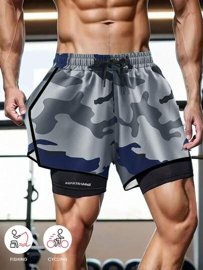 轻便运动短裤，双层，一体式纯色，防擦伤，适合男女，春夏季，跑步，户外，健身房