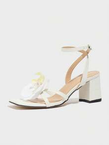 女士高跟凉鞋，时尚粗跟，露趾，花卉装饰，优雅性感，白色，适合派对、户外、春夏季 - 白色 - 查看 6