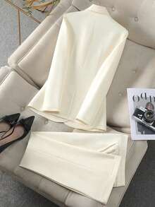 Women's Spring/Autumn Chinese Style Shawl Neck Buttoned Decor Fitted Long Sleeve Jacket & Pants Business Suit Set - Apricot - View 2