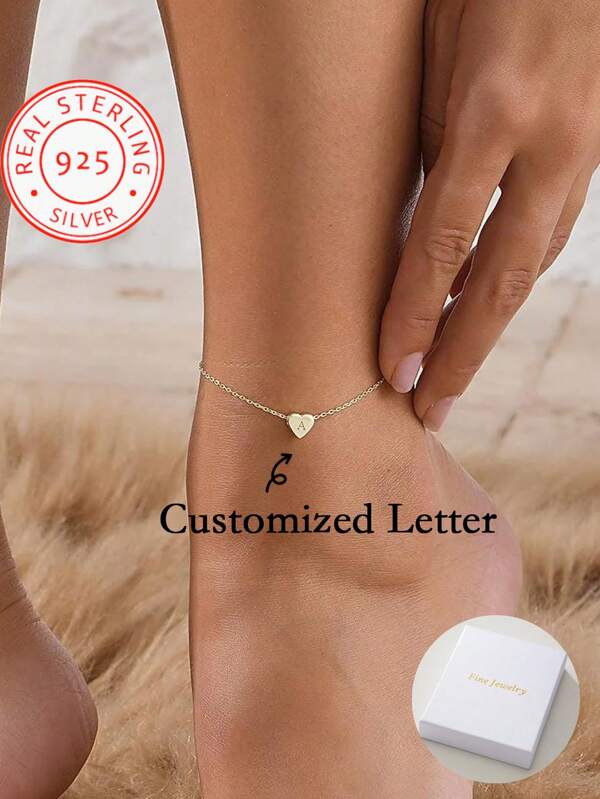 1 pieza de tobillera de plata de ley 925 personalizada, tobillera con nombre personalizado, tobillera con inicial de oro, tobillera con inicial de oro con dije de corazón, regalo de Navidad, regalo del Día de la Madre, regalo de verano
