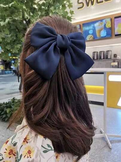 A Solid Color Satin Oversized Bow Hair Clip, Sweet And Elegant Wind Curly Hair Top Clip, Back Head Hair Clip Headpiece, Spring Clip Headpiece, High Ponytail Butterfly Hair Clip,Valentine's Day Couple As Gift Hair Accessories, School Stuff