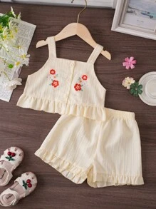2pcs Young Girl Summer Outfit Set 2025 - Floral Print Camisole & Ruffle Hem Shorts