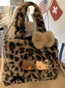 Sanrio Hello Kitty Plush Leopard Print Handbag, Y2K Baddie Cute Leopard Wallet, Minimalist Tote Bag For Outdoor, Retro Plush Commuter Bag, Bohemian Style, Easter, Mother's Day, Birthday Gift, Party Favor, Graduation Memento