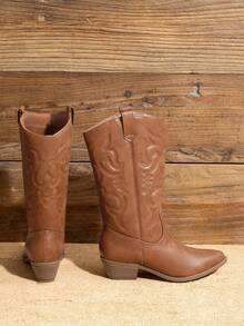 Women'S Cowboy Western Boots Point Toe Pull On Cowgirl Boots  Embroidered Detail Chunky Heeled Spring And Winter Back To School Party Festival Matching Dress Mid Calf CAMEL Boots - 駝色 - 查看 9