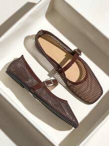 New Hollow-Out Mesh Ballet Brown Square-Toe Summer Breathable Soft Casual Flat Sandals, Ladies Plain Color Comfy Leisure Flat Shoes