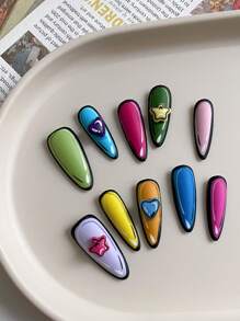 10 piezas de uñas de almendra hechas a mano, con texto personalizado y nombre personalizado, arte de uñas de verano, uñas postizas hermosas, hazlo tú mismo, uñas coloridas con estrellas de dopamina, suministros de uñas reutilizables para niñas y mujeres para bodas, fiestas, vacaciones, regalo de un juego de uñas