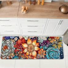 1pc Bohemian Feng Shui Colorful Floral Kitchen Floor Mat, Anti-Slip Soft Carpet, Waterproof Kitchen Mat, Anti-Fouling Mat, Machine Washable, Entrance Door Mat, Kitchen/Living Room/Laundry Room/Bathroom Absorbent Mat, Room Decor