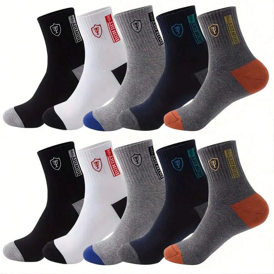 2/5/10 Pairs Men's Mid-Calf Athletic Socks - Breathable, Anti-Sweat, Moisture-Wicking, Knit Fabric, Solid Color Design, Stylish Graphic Socks For Sports And Casual Wear, Casual Athletic Socks - Multicolor - View 1