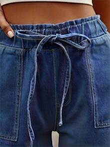 2025 New Women's High Waist Slim Fit Stretch Denim Shorts - Dark Blue Washed Elastic Waistband Double Pockets, Summer Casual Shorts For Style Lovers, Casual Outfit | High Waist Shorts | Classic Blue Washed Women's Shorts - Màu xanh lam - Xem 2