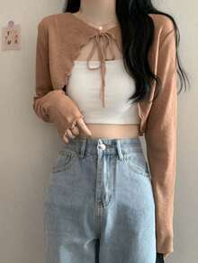 Áo khoác cardigan mỏng nhẹ, dáng ôm, tay dài, viền bèo nhún dành cho nữ, thích hợp mặc mùa hè để chống nắng. - A - Xem 12