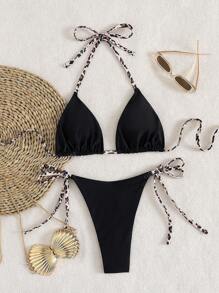 2 Pieces Sexy Halter-Tie Leopard Print Women Bikini Swimsuit