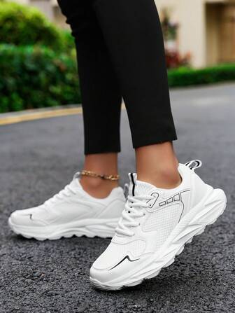 Women's Fashionable White Casual Sports Shoes, Lightweight Road Running Shoes, Breathable Outdoor Hiking Shoes, Urban Unisex Couple Shoes, Reflective Fashionable Chunky Sneakers