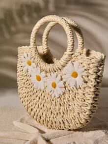 Tropiscape Mini Straw Woven Crossbody Shoulder Bag Daisy Decor Purse Handbag Summer Bag,Perfect For Summer Beach Travel Vacation Beach Autumn Winter Gifts - Beige - View 3