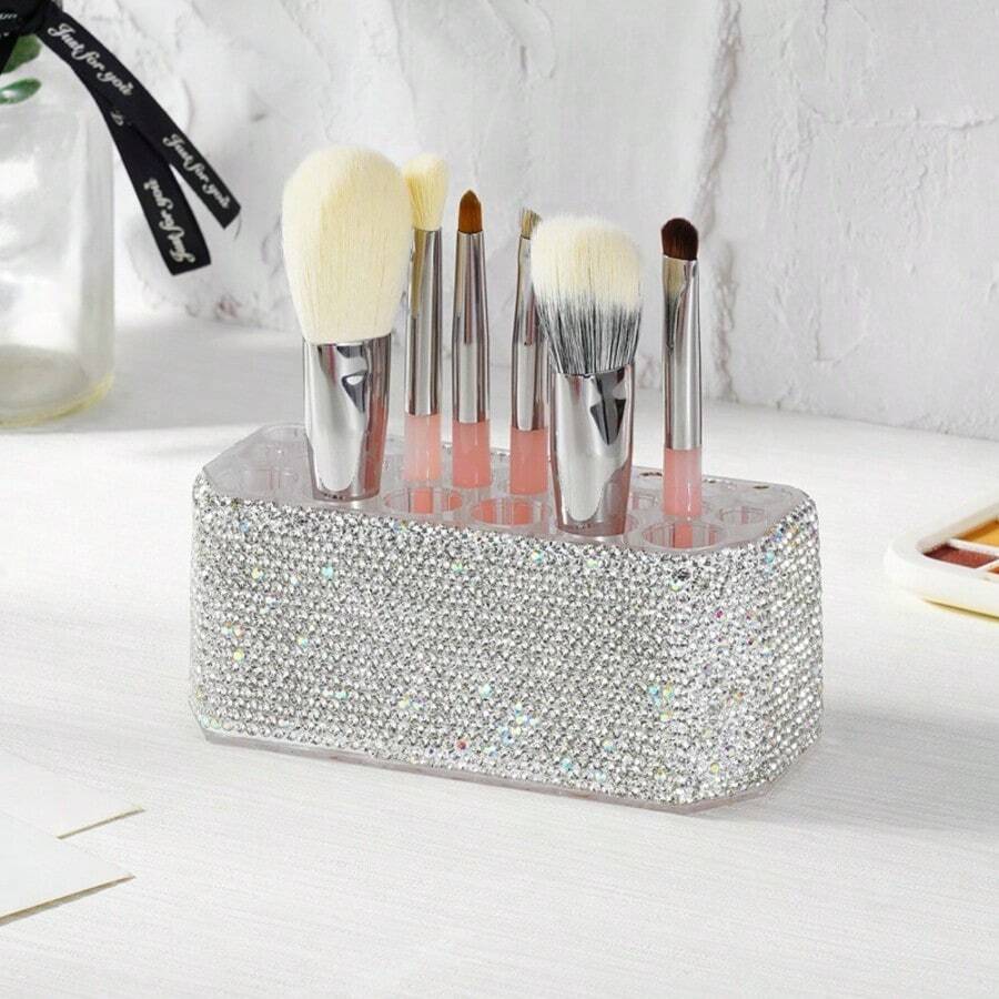 1 pieza Soporte de brochas de maquillaje de lujo con rhinestones, estante de almacenamiento de herramientas cosméticas, organizador de 26 agujeros para brochas de maquillaje y delineadores, soporte de exhibición para tocador, esencial para viajes, vida diaria, bodas, regalos de cumpleaños, fiestas, adorno decorativo enjoyado