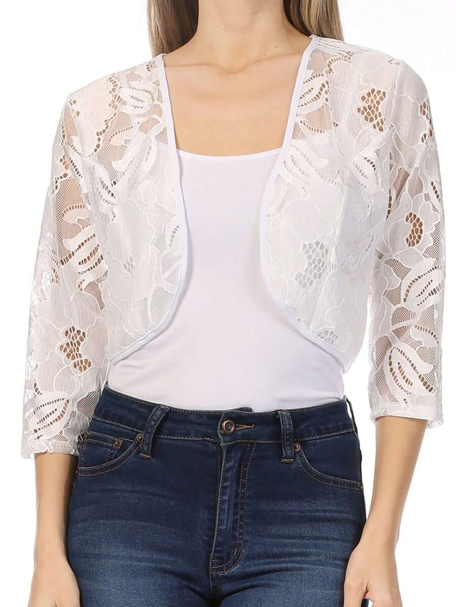 Casual Lace Bolero Crochet Cardigan With 3/4 Sleeves Casual Fabric Sheer Split Daily - 白色 - 查看 1
