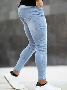 Men Clothes 1pc Men Skinny Distressed Denim Jeans, Elastic Breathable Casual Cargo Pants With Pockets, Solid Color Suitable For Urban Walking, Family Outdoor Activities, All Season