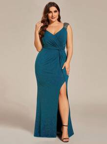 EVER-PRETTY Vestido de noche de tirantes de espagueti con abertura alta, vestido formal azul para fiesta de graduación, vestido de invitada de boda