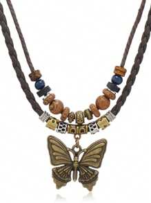 1pc Retro Personalized Men's Necklace, Handmade Metal Butterfly Pendant Beaded Sweater Chain, Suitable For Daily Wear