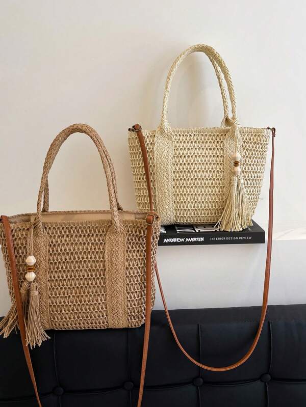 Fashionable Casual Straw Large Capacity Solid Color Shoulder Tote Bag For Women, Straw Tassel Decor Shoulder Crossbody Bag, Large Capacity Pocket Beach Bag
