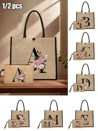 Bolso de lona de lino caqui y bolso pequeño a juego con iniciales de rosa, letras de la A a la Z, simple y generoso, bolsa de regalo personalizada para dama de honor de boda, bolsa de cosméticos, bolsa de almacenamiento de viaje simple, billetera de cosméticos de unicolor, bolsa de cosméticos de viaje de gran capacidad