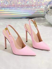 Women's Mirror Metallic Buttoned High Heel Pointed Toe Pumps, Pink Peep-Toe High Heels, 2025 New Arrivals