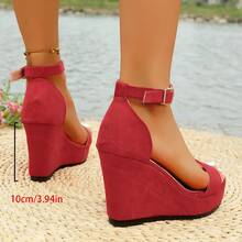 加大码宽楦夏季新款性感凉鞋，厚底时尚凉鞋，金属搭扣装饰，仿亚麻绳拼接，露趾松紧带度假风舞台鞋 - 紅色 - 查看 7