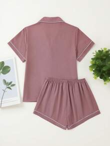 2pcs Women Button-Down Short Sleeve Top & Shorts Pajama Set, Casual Loose Fit Solid Color Basic Home & Outdoor Wear, Spring/Summer