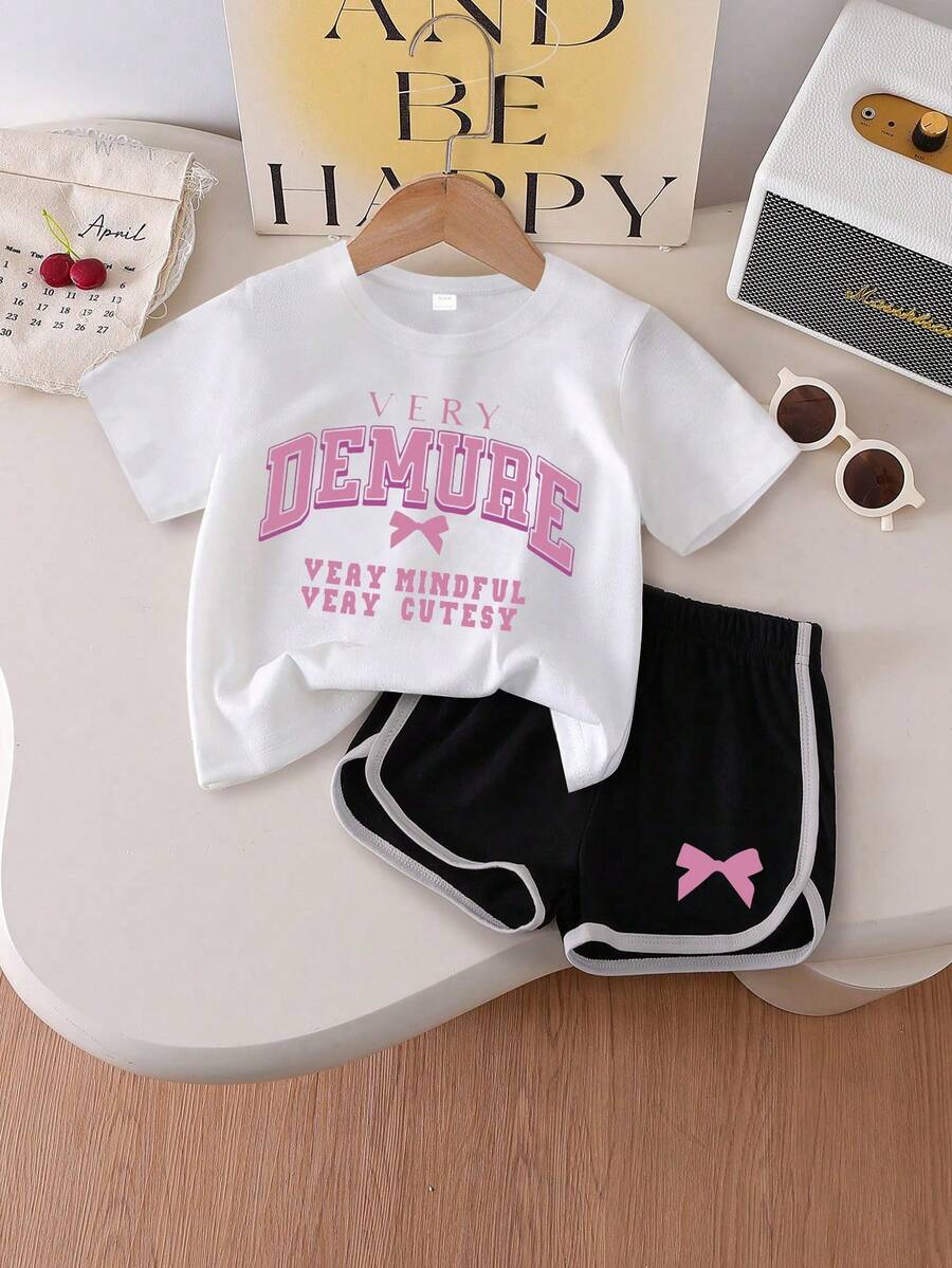 2pcs Tween Girls Outfit Set Slogan Print T-Shirt And Shorts Cute Soft Summer Comfy Casual - White - View 1