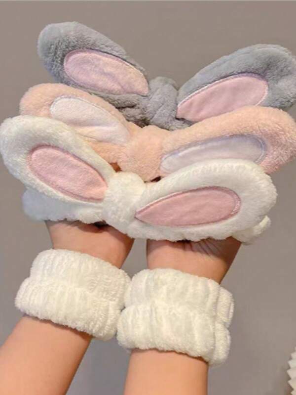 3pcs Set Lovely Rabbit Ear Headband, Shower Hair Band, Wrist Band, Waterproof For Bath And Makeup Use