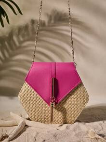 Tropiscape 六边形编织草编斜挎包，带流苏装饰，营造度假氛围，适合休闲放松、海滩度假、秋季圣诞节、冬季圣诞节等场合，是理想的圣诞礼物之选。 - 玫紅色 - 查看 1