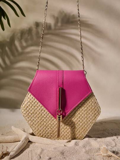 Tropiscape 六边形编织草编斜挎包，带流苏装饰，营造度假氛围，适合休闲放松、海滩度假、秋季圣诞节、冬季圣诞节等场合，是理想的圣诞礼物之选。