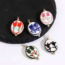 2pcs Double-Sided Handpainted Tulip Ceramic Pendant, Ceramic Decor Accessory, DIY Creative Necklace Earring Keychain Components - Multicolor - View 2