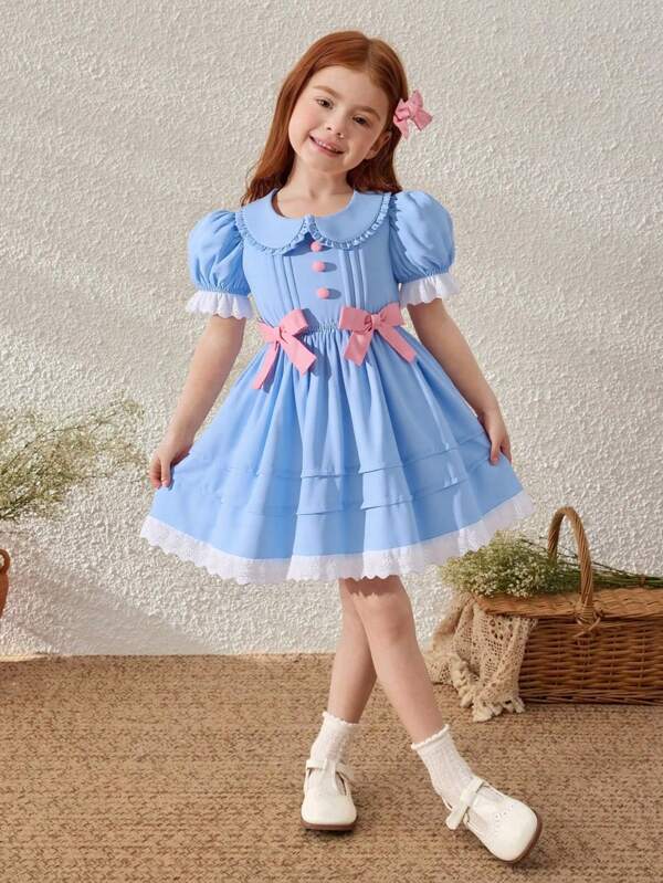 Vestido blanco elegante estilo princesa para niña pequeña, decorado con lazo, diseño de manga abullonada, adecuado para fiestas de cumpleaños, eventos festivos, sesiones de fotos, talla para niñas de 4 a 7 años, primavera/verano