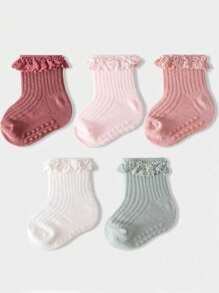 5 Pairs Lace Socks For Baby Girls, Mid-Length, Suitable For All Seasons