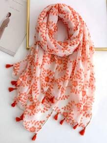 1pc Boho Beach Accessories Plants Print Hijab Tassel Scarf Casual Outdoor Sunscreen Windproof Beach Towel Winter Fall